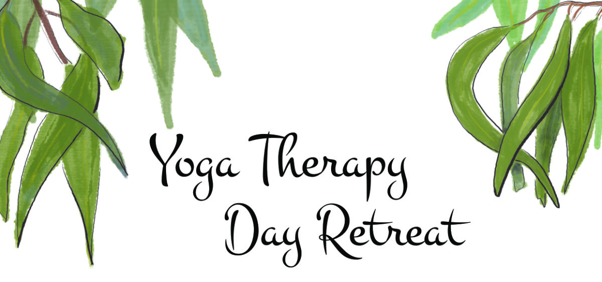 Image of watercolour gum leaves and text 'Yoga Therapy Day Retreat'